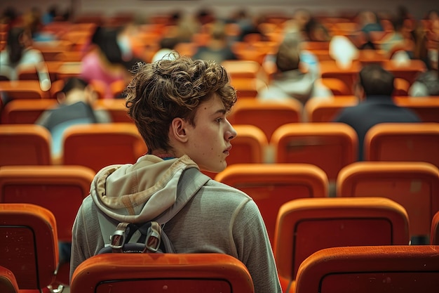 Un joven está sentado en un auditorio vacío.