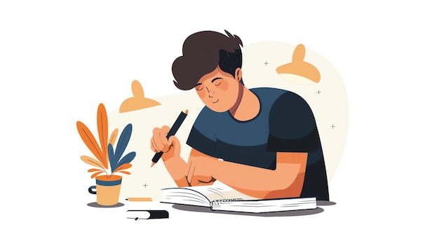 Un joven está sentado en un escritorio escribiendo en un cuaderno, lleva un traje casual y tiene una pluma en la mano.