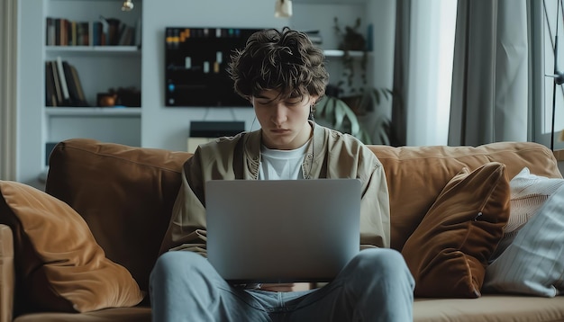 Un joven está sentado en un sofá con una computadora portátil delante de él