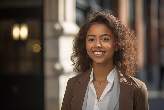 La joven está sonriendo y de pie frente a un edificio al estilo de la escuela de Londres