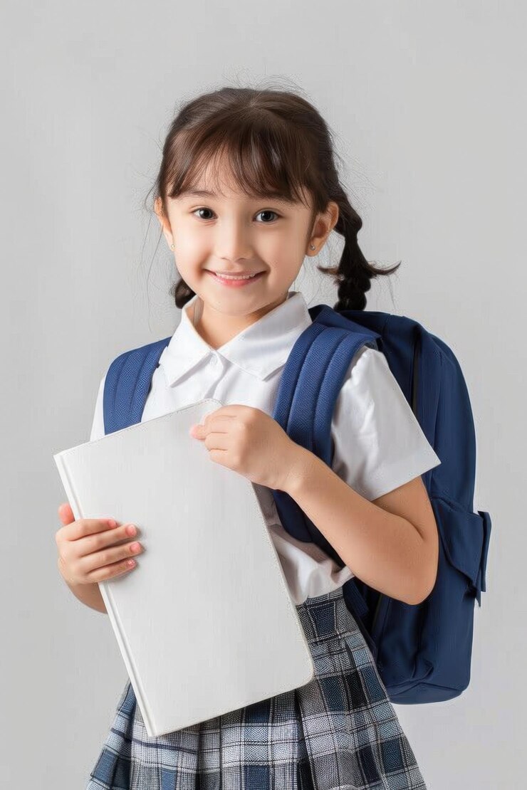Una joven está sonriendo y sosteniendo una mochila azul y un libro blanco