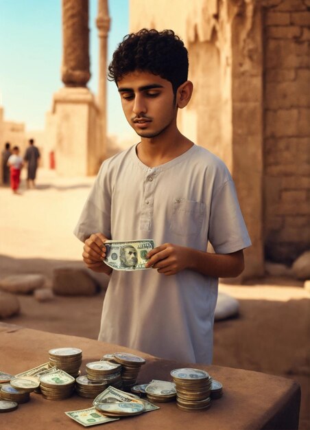 un joven está sosteniendo una pila de dinero y una pilea de dinero