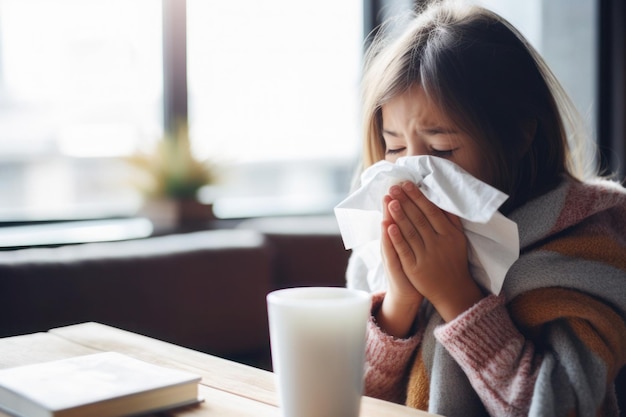 Una joven está sufriendo de una gripe.