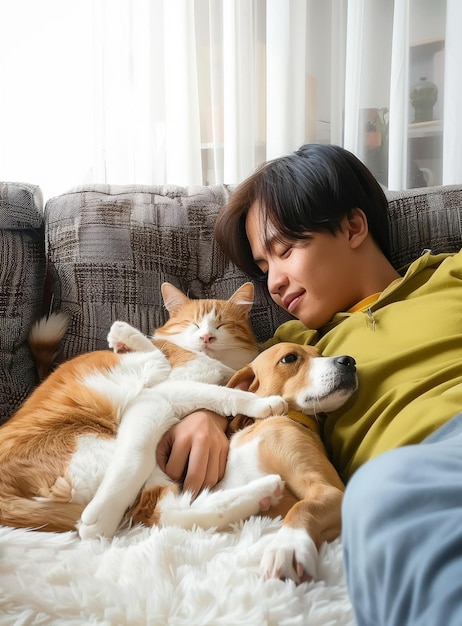 Un joven está tendido en un sofá con un gato y un perro