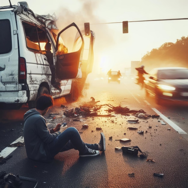 Un joven en estado de shock se sienta en el suelo frente a los restos de un coche en llamas en una autopista