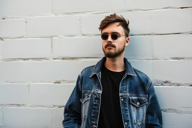 Un joven estadounidense de moda vestido con una chaqueta de vaqueros y gafas de sol