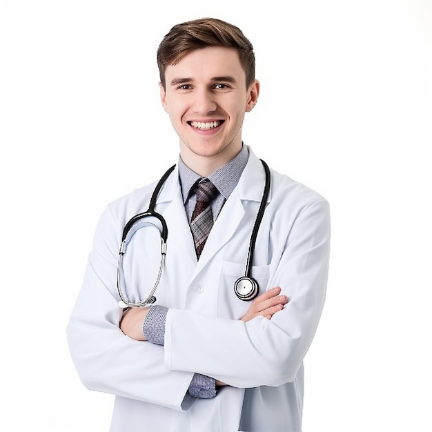 Un joven con un estetoscopio en el cuello sonríe.