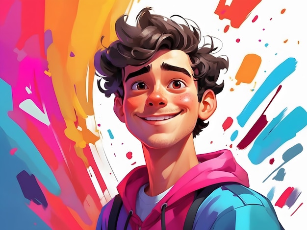 Foto joven en un estilo de dibujos animados colores vibrantes rasgos faciales expresivos postura dinámica pa digital