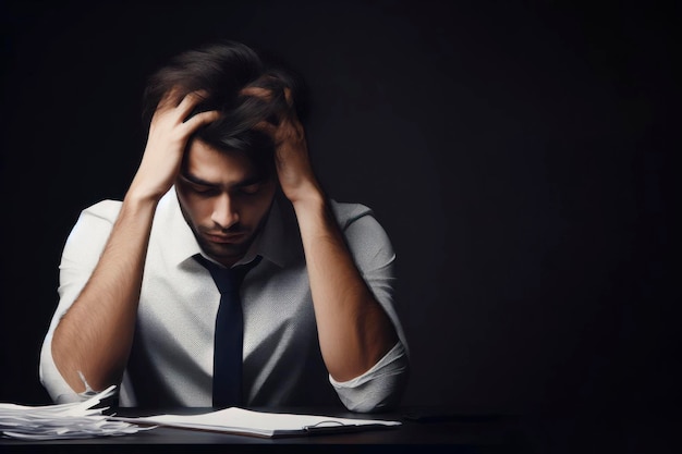 Joven estresado y cansado del trabajo en un fondo oscuro y generativo