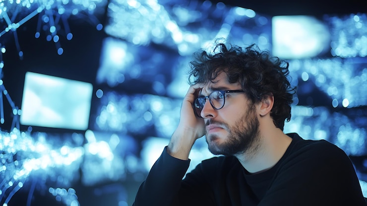 Foto un joven estresado por los datos financieros y las tendencias del mercado en múltiples pantallas