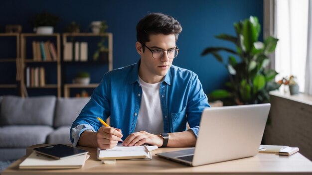 Foto joven estudiando en casa durante los cursos en línea para comercializador, arquitecto y traductor