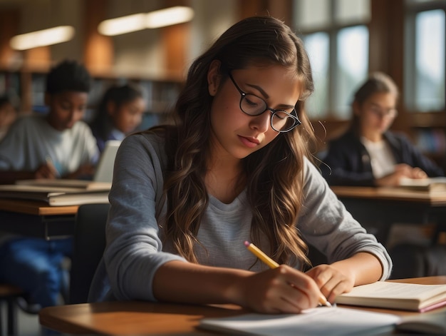 joven estudiante absorta en sus estudios en la biblioteca de la escuela