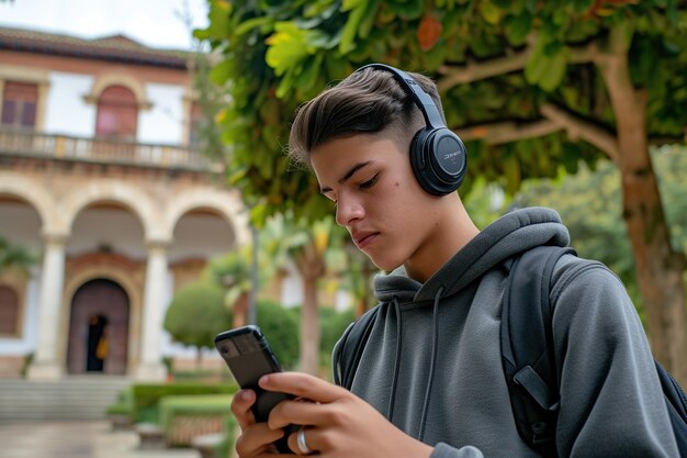 Joven estudiante adolescente hispano con auriculares y mochila usando su teléfono inteligente en la universidad