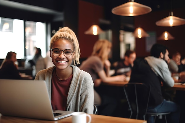 Joven estudiante afroamericano está estudiando de forma remota en una computadora portátil en una cafetería generativa ai