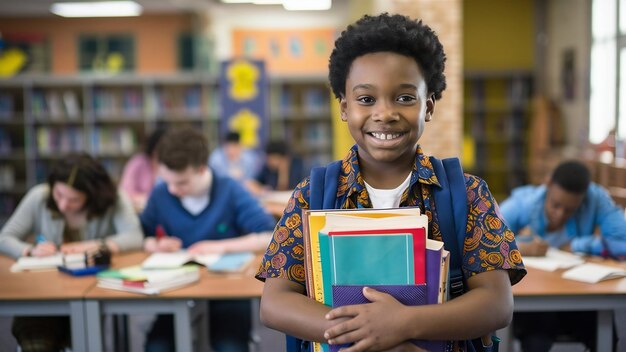 Un joven estudiante afroamericano sonriente con una mochila que sostiene libros