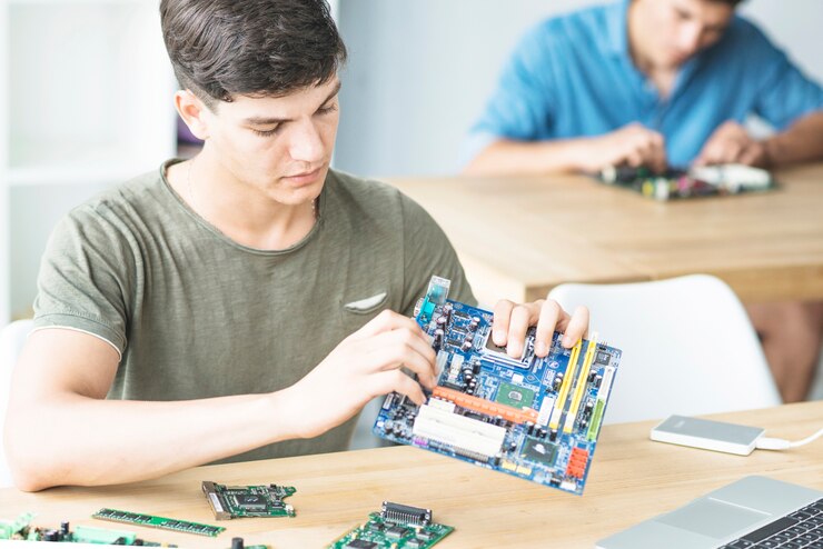 Foto joven estudiante aprendiendo a ensamblar la placa base