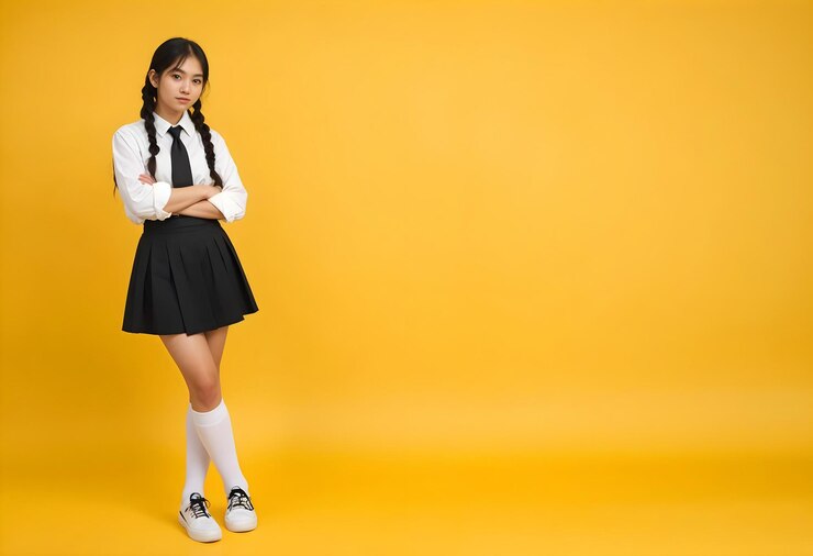 Una joven estudiante asiática con una camisa blanca, una falda negra y calcetines blancos de pie con su brazo