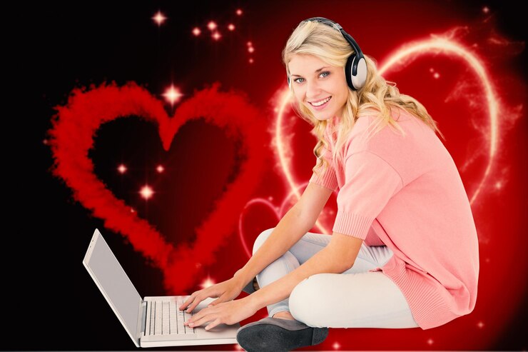 Foto joven estudiante bonita que usa una computadora portátil contra el diseño del corazón de san valentín
