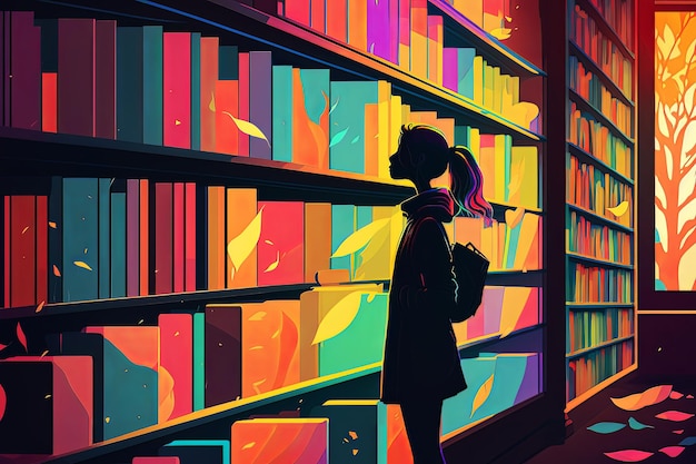 Joven estudiante buscando un libro en la biblioteca Ilustración Generado por AI