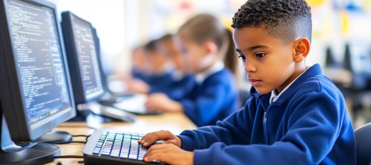Foto joven estudiante centrado en el ejercicio de codificación en el concepto de educación primaria de clase ocupada