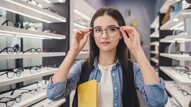 La joven estudiante cuidadosa está preparándose para el estudio de la universidad y intenta gafas nuevas para su aspecto perfecto