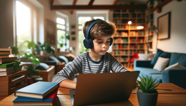 Un joven estudiante se dedica al aprendizaje en línea en casa