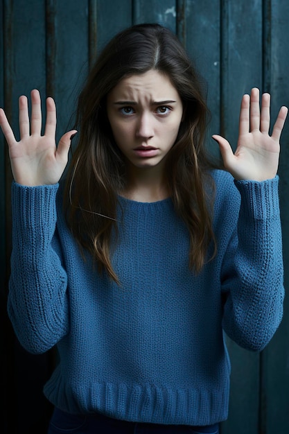 Foto joven estudiante deprimida y triste con un suéter azul