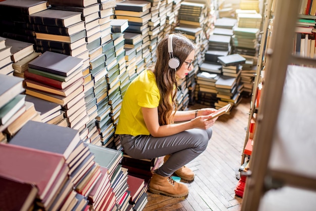 Joven estudiante escuchando música sentada en el montón de libros en la antigua biblioteca