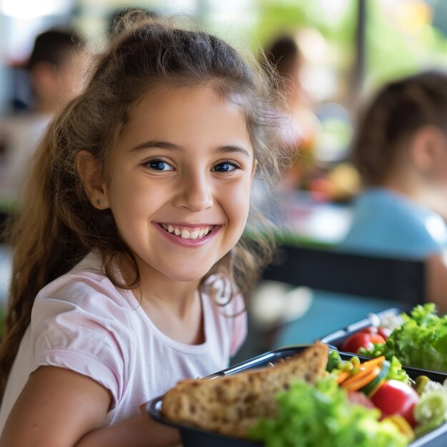 una joven estudiante de escuela primaria sonriente teniendo un almuerzo saludable en una escuela