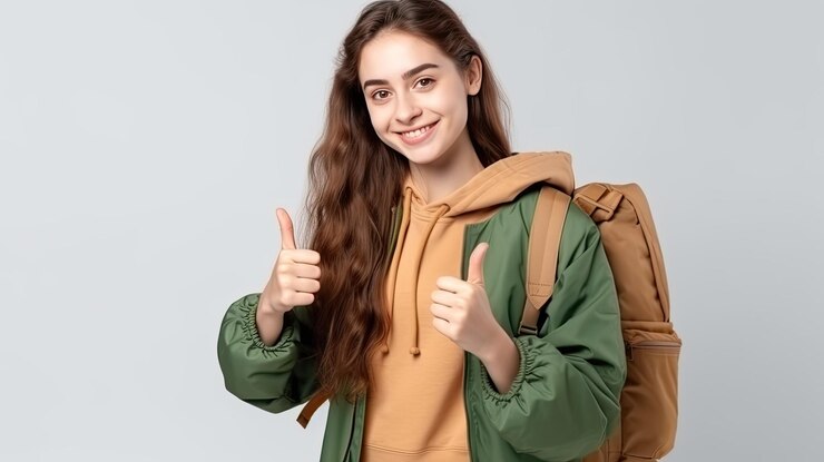 Una joven estudiante está con una bolsa de mochila en la mano