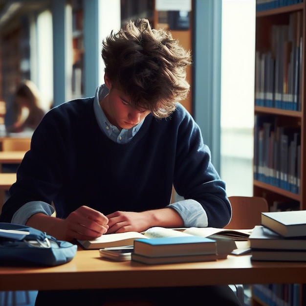 Joven estudiante estudiando en la biblioteca