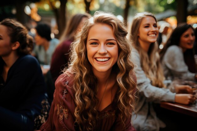 Foto joven estudiante feliz rodeada de sus amigos