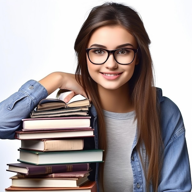 Una joven estudiante feliz sentada en el suelo usando una computadora portátil en una pared blanca