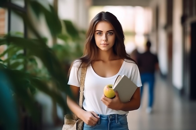 Foto joven estudiante femenina frente al campus universitario