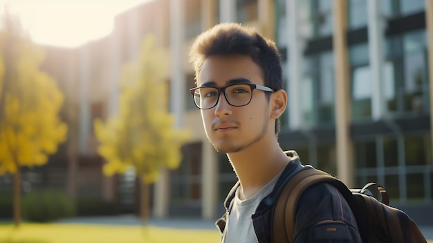 Joven estudiante frente al edificio de la universidad mirando a la cámara IA generativa