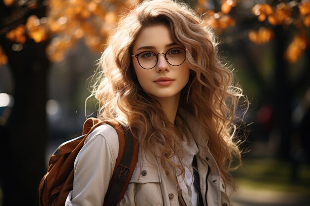 Una joven estudiante con gafas y una mochila