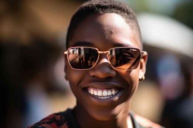 Un joven estudiante con gafas de sol mientras sonríe a la cámara creada con IA generativa
