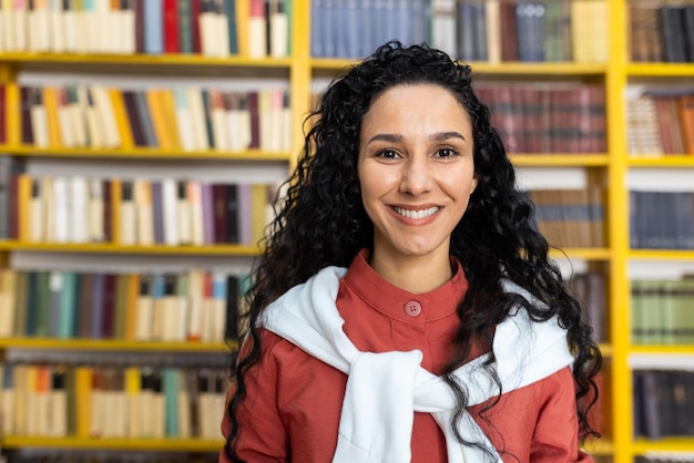 Una joven estudiante hispana está de pie frente a una estantería de libros colorida en una biblioteca que simboliza