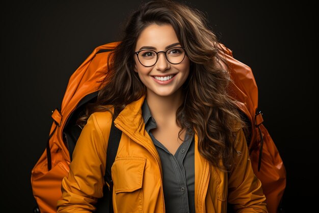 Una joven estudiante impresionada con gafas y una bolsa con dinero aislada en un arco naranja