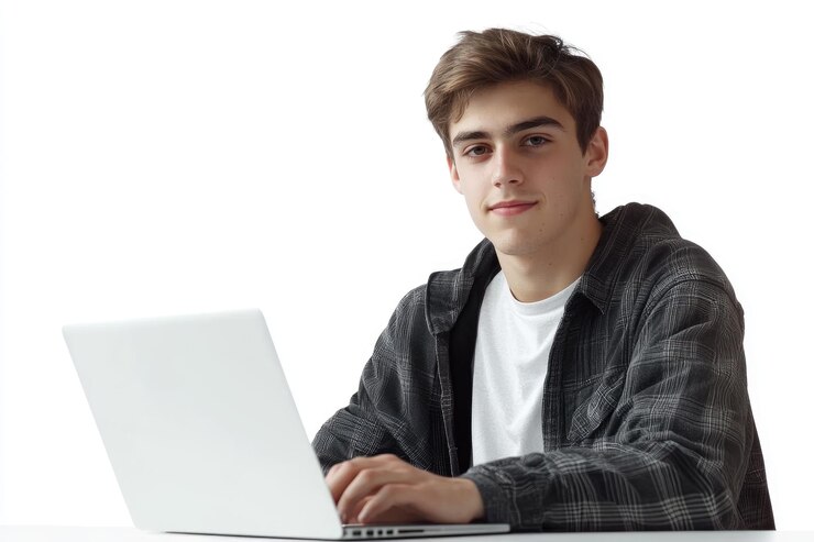 Joven estudiante independiente exitoso que trabaja remotamente con una computadora portátil