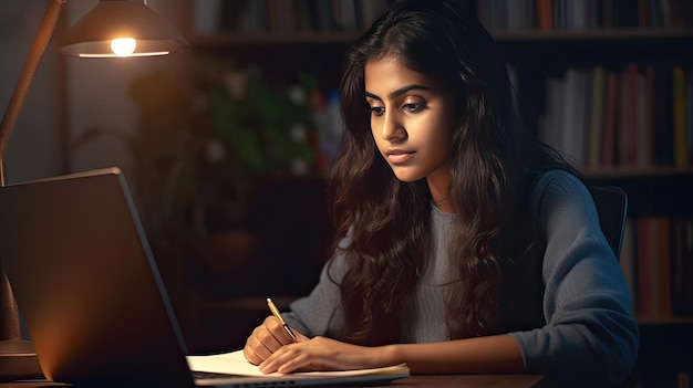 Un joven estudiante indio o maestro remoto usando una computadora remoto estudiando capacitación virtual viendo un webinar de educación en línea en la oficina en casa Generative Ai