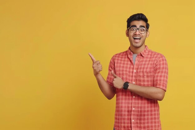 Joven estudiante indio señalando con emoción un anuncio de producto en fondo amarillo