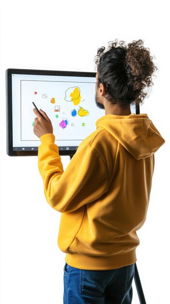 Joven estudiante interactuando con una pantalla táctil interactiva usando un lápiz para el aprendizaje digital y la creatividad