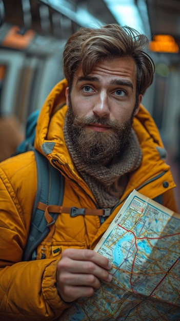 Un joven estudiante internacional barbudo en un lugar desconocido navega por un mapa del sistema de transporte público