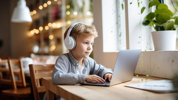 Foto un joven estudiante se involucra con una computadora portátil con auriculares probablemente participando en el aprendizaje en línea en casa un cambio moderno en la educación