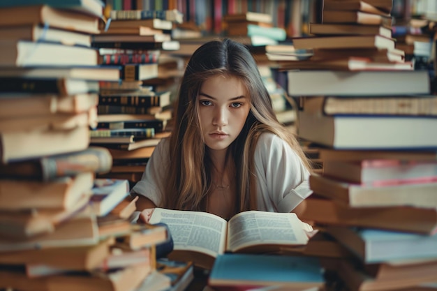 Foto joven estudiante leyendo un libro en la biblioteca con una pila de libros en la mesa