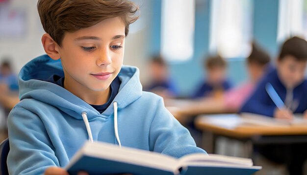 Joven estudiante leyendo un libro en el entorno escolar