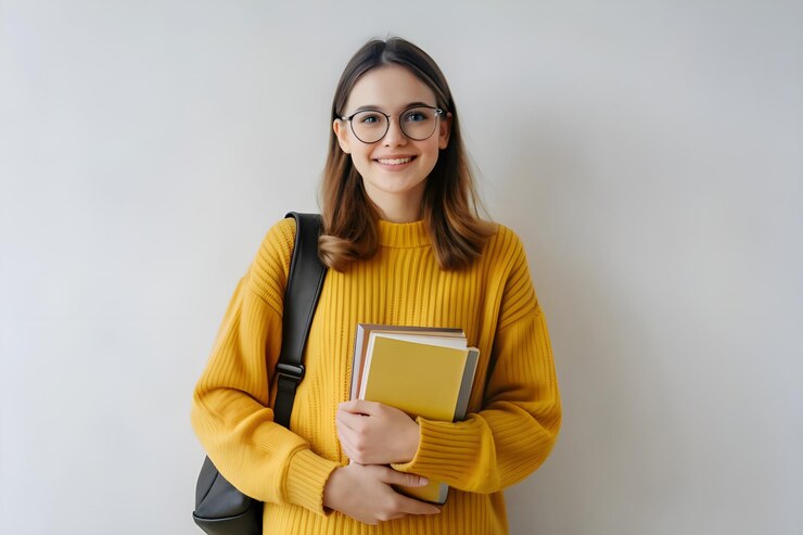 Joven estudiante con libros frente a una pared blanca aislada