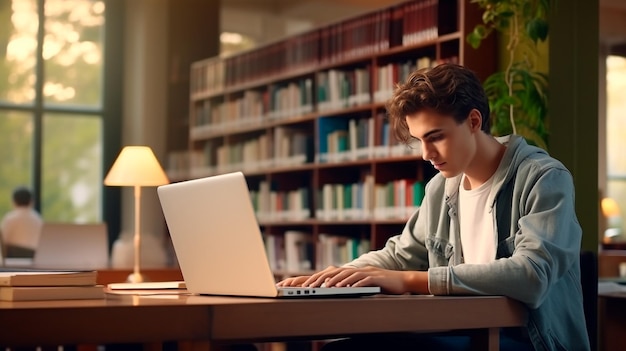 Joven estudiante masculino que estudia en la biblioteca Ilustrador de IA generativa