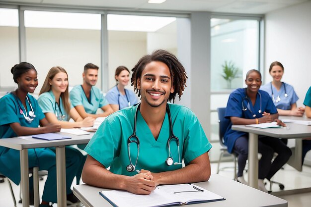 Un joven estudiante de medicina se sienta en una mesa en un hospital universitario sonriendo y rodeado de profesionales de la salud aprendiendo y entrenando para convertirse en los mejores proveedores de atención médica